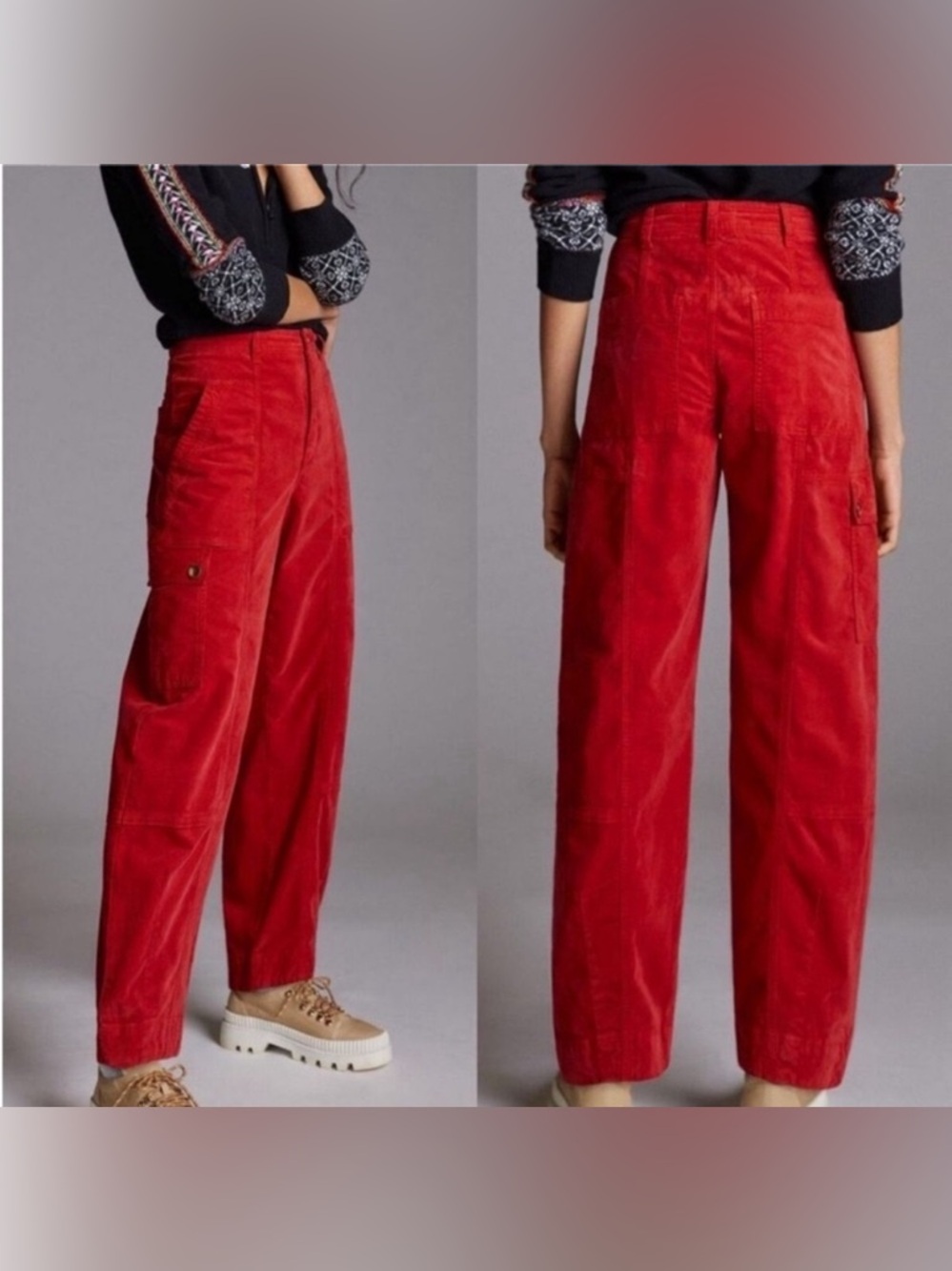 Anthropologie Red Corduroy High-Waist Cargo Pants with tapered leg US 4 waist 30